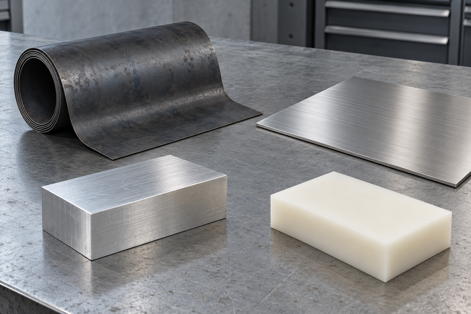 Illustrative Werkstoffproben aus Stahl, Edelstahl, Aluminium und Kunststoff